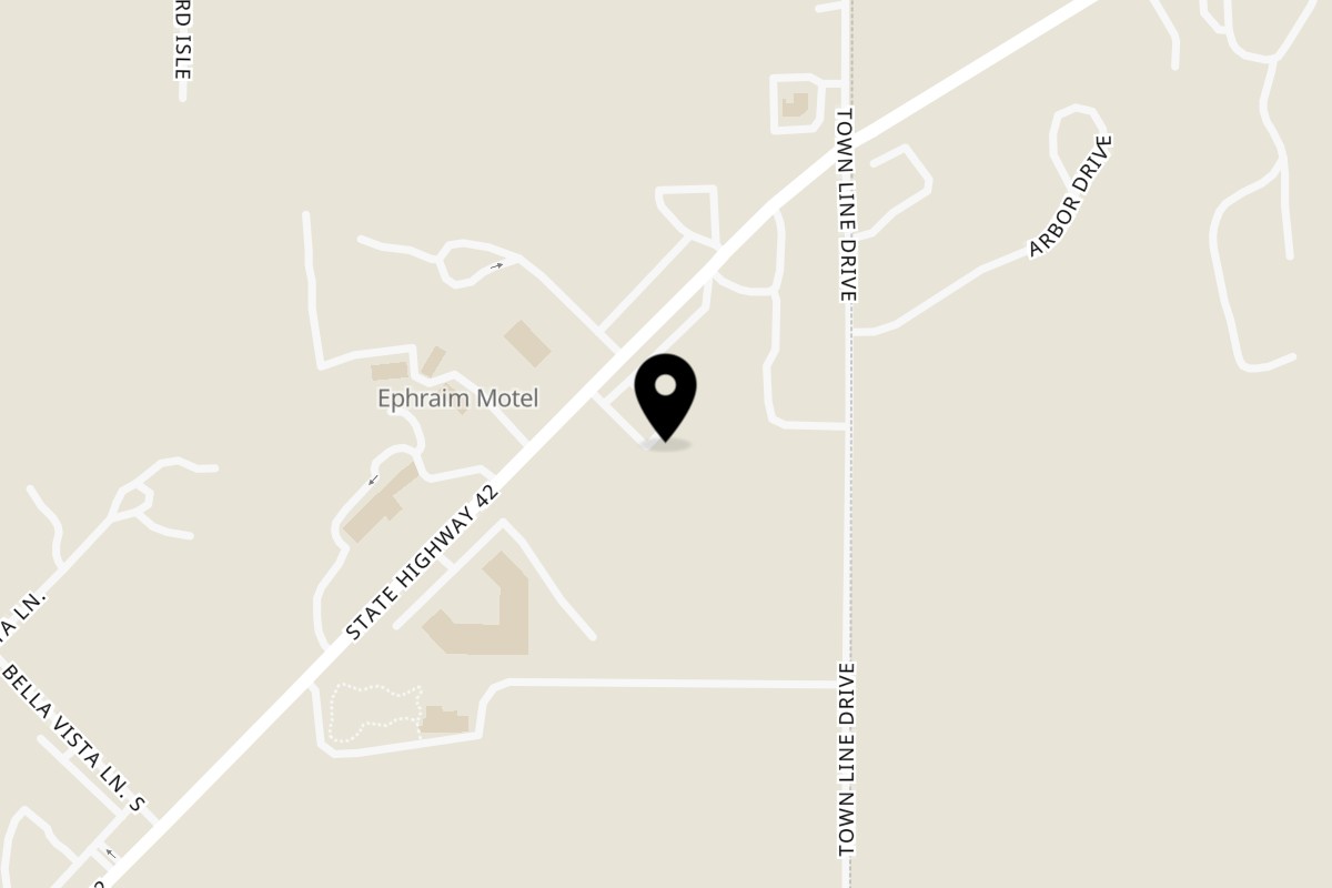 Map showing the location of Klaud's Kitchen on 10420 N Water St in Sister Bay